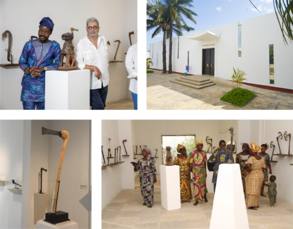 Assemblage de photographie du musée de la petite récade à Cotonou au Bénin ; 4 photographies : Robert Vallois et Dominique Zikpe, Devanture du musée de la petite récade, Récade, visite d'un groupe de femmes avec leurs enfants en tenues traditionnelles.